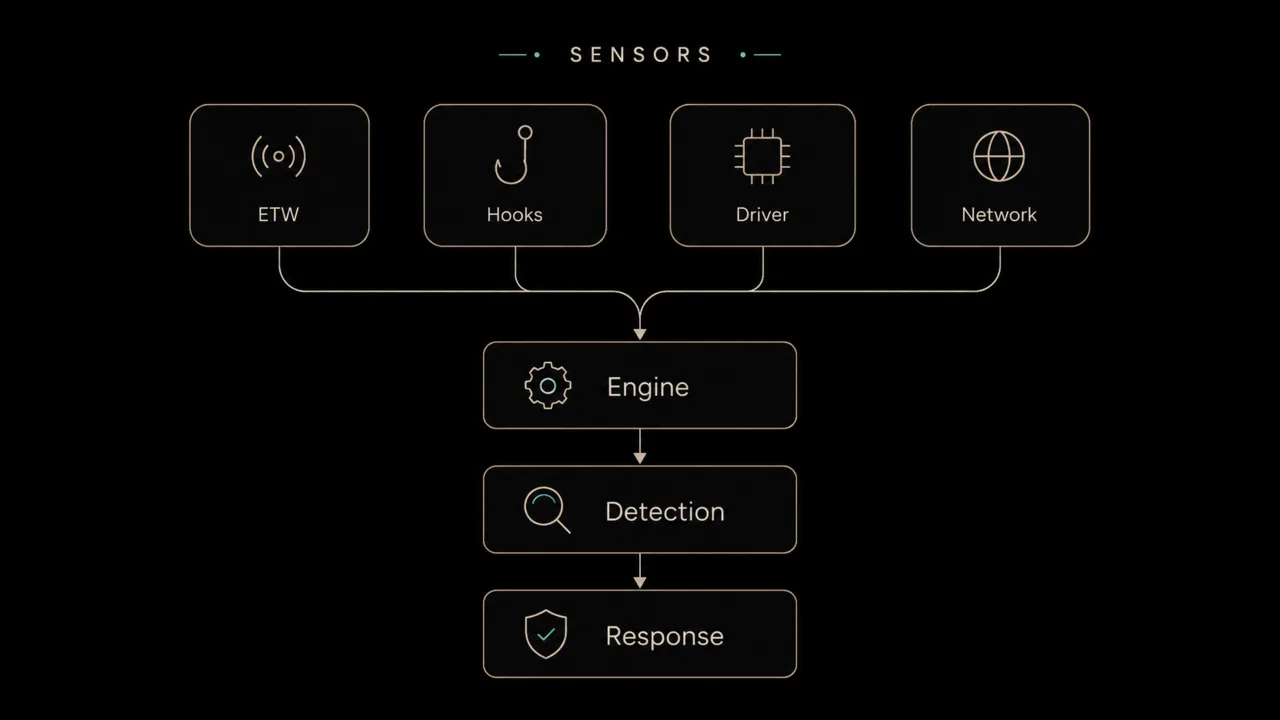 High-level NewGen-AV architecture diagram showing sensors, the core engine, detection logic, and response flow.