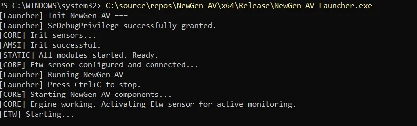 Console output showing the NewGen-AV executable running during an early MVP test.