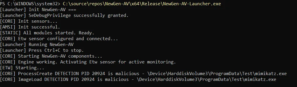 NewGen-AV detection log output printed after identifying and responding to a malicious executable.