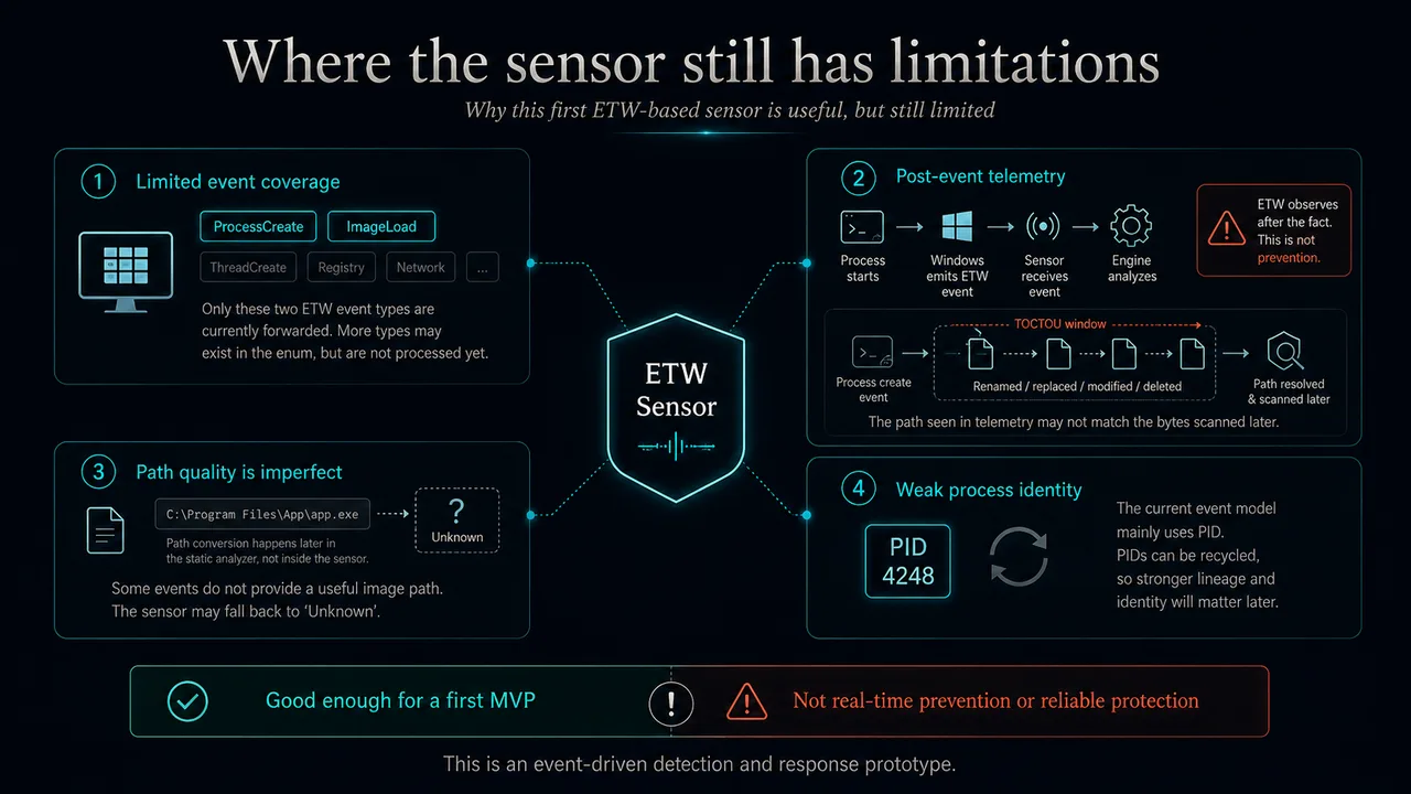 Diagram showing the current ETW sensor limitations in NewGen-AV: limited event coverage, post-event timing, unreliable path quality, and PID-based process identity.