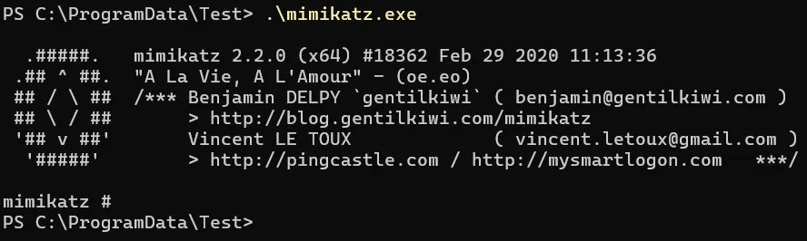 PowerShell and Mimikatz test output showing a malicious process being terminated by NewGen-AV.