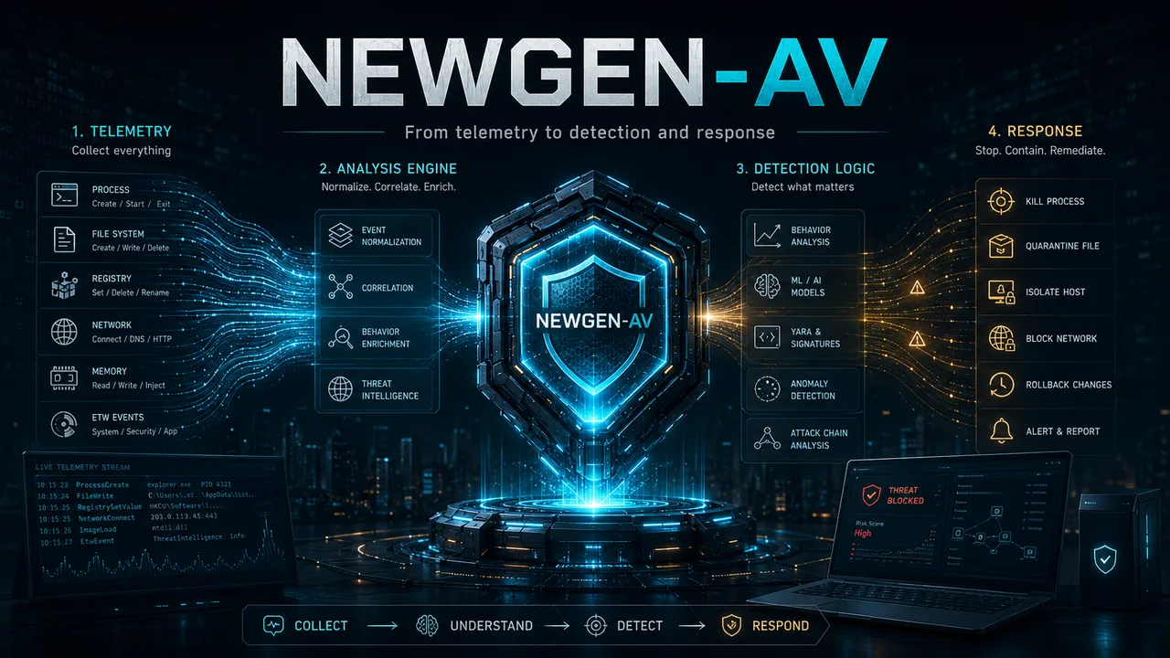 Concept illustration of the intended NewGen-AV pipeline from endpoint telemetry through analysis and detection to response actions.